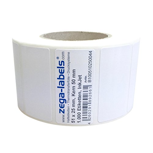 Inkjet Etiketten auf Rolle - 51 x 25 mm - 1.000 Stück je Rolle - Kern: 50 mm - Papier weiss glänzend - aussen gewickelt - permanent haftend - Druckverfahren: Ink Jet (Rollen Tintenstrahl Drucker) von zega-labels