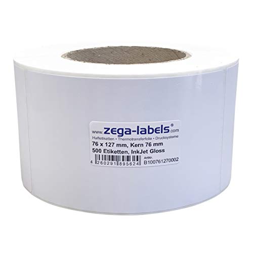 Inkjet Etiketten auf Rolle - 76 x 127 mm - 500 Stück je Rolle - Kern: 76 mm - Papier weiss glänzend - aussen gewickelt - permanent haftend - Druckverfahren: Ink Jet (Rollen Tintenstrahl Drucker) von zega-labels