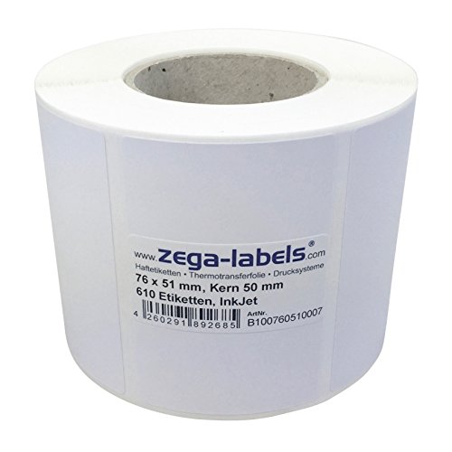 Inkjet Etiketten auf Rolle - 76 x 51 mm - 610 Stück je Rolle - Kern: 50 mm - Papier weiss glänzend - aussen gewickelt - permanent haftend - Druckverfahren: Ink Jet (Rollen Tintenstrahl Drucker) von zega-labels