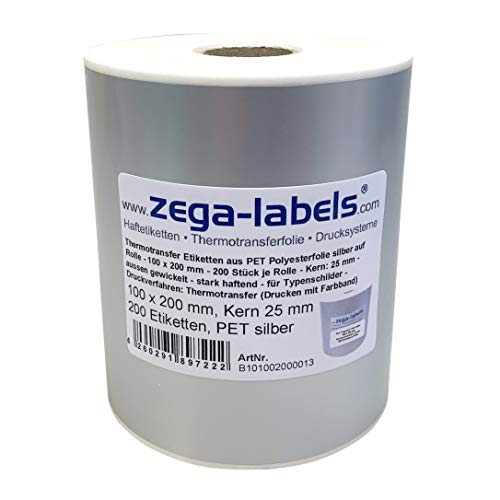 Polyester Thermotransfer Etiketten auf Rolle 100 x 200 mm aus PET Polyesterfolie silber stark haftend für Typenschilder - 200 Stück je Rolle - Kern: 25 mm Druckverfahren: Thermotransfer (mit Farbband) von zega-labels