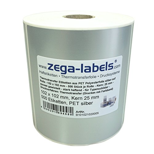 Polyester Thermotransfer Etiketten auf Rolle 102 x 102 mm aus PET Polyesterfolie silber stark haftend für Typenschilder - 500 Stück je Rolle - Kern: 25 mm Druckverfahren: Thermotransfer (mit Farbband) von zega-labels