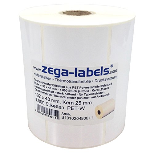 Polyester Thermotransfer Etiketten auf Rolle 102 x 48 mm aus PET Polyesterfolie weiss stark haftend für Typenschilder - 1.000 Stück je Rolle - Kern: 25 mm Druckverfahren: Thermotransfer (mit Farbband) von zega-labels