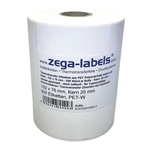 Polyester Thermotransfer Etiketten auf Rolle 102 x 76 mm aus PET Polyesterfolie weiss stark haftend für Typenschilder - 500 Stück je Rolle - Kern: 25 mm Druckverfahren: Thermotransfer (mit Farbband) von zega-labels