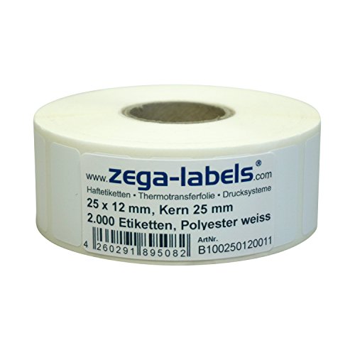 Polyester Thermotransfer Etiketten auf Rolle - 25 x 12 mm - aus PET Polyesterfolie weiss für Typenschilder - 2.000 Stück je Rolle - Kern: 25mm - Druckverfahren: Thermotransfer (Drucken mit Farbband) von zega-labels