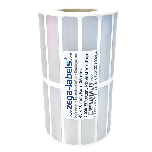 Polyester Thermotransfer Etiketten auf Rolle 45 x 10 mm aus PET Polyesterfolie silber stark haftend für Typenschilder - 2.000 Stück je Rolle - Kern 25 mm Druckverfahren: Thermotransfer (mit Farbband) von zega-labels