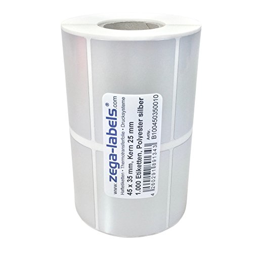 Polyester Thermotransfer Etiketten auf Rolle 45 x 35 mm aus PET Polyesterfolie silber stark haftend für Typenschilder - 1.000 Stück je Rolle - Kern 25 mm Druckverfahren: Thermotransfer (mit Farbband) von zega-labels