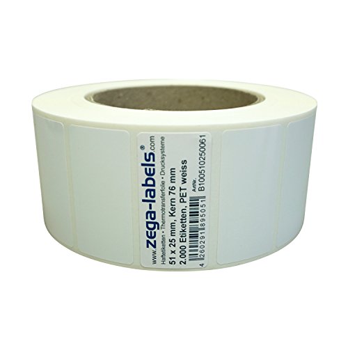 Polyester Thermotransfer Etiketten auf Rolle 51 x 25 mm aus PET Polyesterfolie weiss stark haftend für Typenschilder - 2.000 Stück je Rolle - Kern: 76 mm -Druckverfahren: Thermotransfer (mit Farbband) von zega-labels