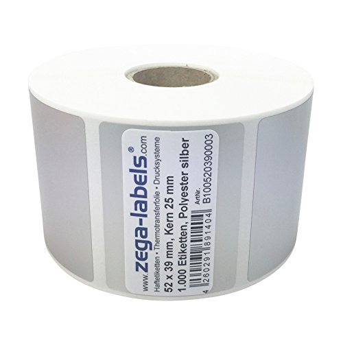 Polyester Thermotransfer Etiketten auf Rolle 52 x 39 mm aus PET Polyesterfolie silber stark haftend für Typenschilder - 1.000 Stück je Rolle - Kern 25 mm Druckverfahren: Thermotransfer (mit Farbband) von zega-labels