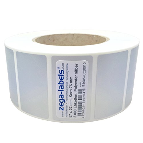 Polyester Thermotransfer Etiketten auf Rolle 57 x 32 mm aus PET Polyesterfolie silber stark haftend für Typenschilder - 2.000 Stück je Rolle - Kern 76 mm Druckverfahren: Thermotransfer (mit Farbband) von zega-labels