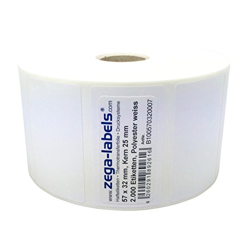 Polyester Thermotransfer Etiketten auf Rolle 57 x 32 mm aus PET Polyesterfolie weiss stark haftend für Typenschilder - 2.000 Stück je Rolle - Kern: 25 mm Druckverfahren: Thermotransfer (mit Farbband) von zega-labels