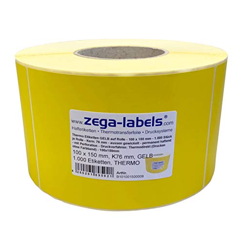 Thermo Etiketten GELB auf Rolle - 100 x 150 mm - 1.000 Stück je Rolle - Kern: 76 mm - aussen gewickelt - permanent haftend - Druckverfahren: Thermodirekt (Drucken ohne Farbband) von zega-labels