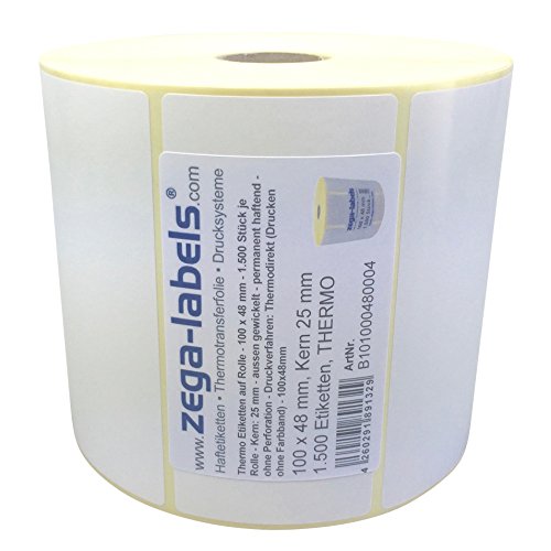 Thermo Etiketten auf Rolle - 100 x 48 mm - 1.500 Stück je Rolle - Kern: 25 mm - aussen gewickelt - permanent haftend - Druckverfahren: Thermodirekt (Drucken ohne Farbband) von zega-labels