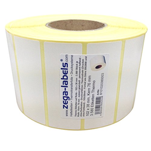 Thermo Etiketten auf Rolle - 102 x 38 mm - 3.580 Stück je Rolle - Kern: 76 mm - aussen gewickelt - permanent haftend - Druckverfahren: Thermodirekt (Drucken ohne Farbband) von zega-labels