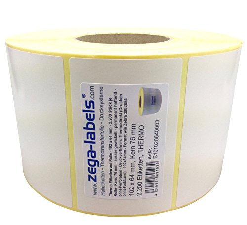 Thermo Etiketten auf Rolle - 102 x 64 mm - 2.200 Stück je Rolle - Kern: 76 mm - aussen gewickelt - permanent haftend - Druckverfahren: Thermodirekt (Drucken ohne Farbband) von zega-labels