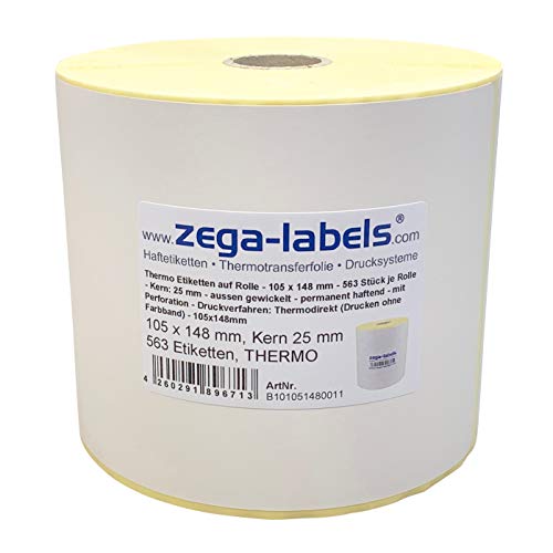 Thermo Etiketten auf Rolle - 105 x 148 mm - 563 Stück je Rolle - Kern: 25 mm - aussen gewickelt - permanent haftend - mit Perforation - Druckverfahren: Thermodirekt (Drucken ohne Farbband) von zega-labels