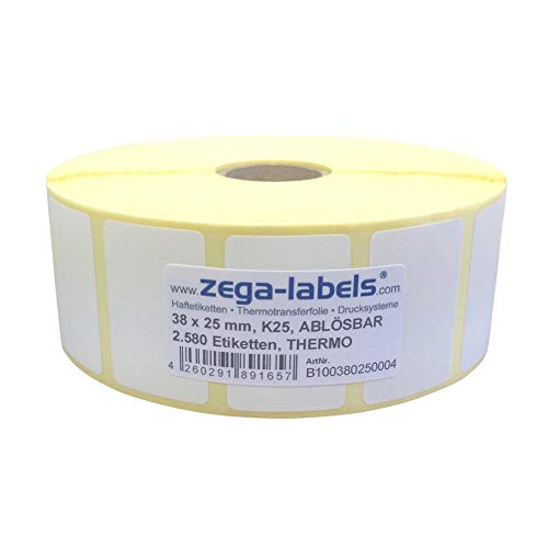 Thermo Etiketten auf Rolle - 38 x 25 mm - 2.580 Stück je Rolle - Kern: 25 mm - aussen gewickelt - WIEDER ABLÖSBAR - Druckverfahren: Thermodirekt (Drucken ohne Farbband) von zega-labels