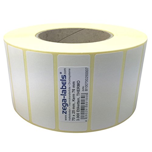 Thermo Etiketten auf Rolle - 70 x 25 mm - 3.000 Stück je Rolle - Kern: 76 mm - aussen gewickelt - permanent haftend - Druckverfahren: Thermodirekt (Drucken ohne Farbband) von zega-labels