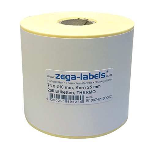 Thermo Etiketten auf Rolle - 74 x 210 mm - 200 Stück je Rolle - Kern: 25 mm - aussen gewickelt - permanent haftend - Druckverfahren: Thermodirekt (Drucken ohne Farbband) von zega-labels