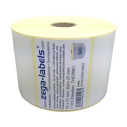 Thermo Etiketten auf Rolle - 76 x 51 mm - 1.370 Stück je Rolle - Kern: 25 mm - aussen gewickelt - permanent haftend - Druckverfahren: Thermodirekt (Drucken ohne Farbband) von zega-labels