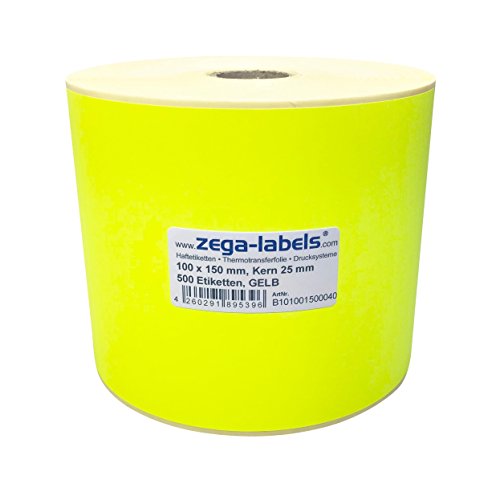 Thermotransfer Etiketten GELB auf Rolle - 100 x 150 mm - 500 Stück je Rolle - Kern: 25 mm - Papier Leuchtgelb - permanent haftend - Druckverfahren: Thermotransfer (Drucken mit Farbband) von zega-labels