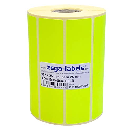 Thermotransfer Etiketten GELB auf Rolle - 102 x 25 mm - 1.000 Stück je Rolle - Kern: 25 mm - Papier Leuchtgelb - permanent haftend - Druckverfahren: Thermotransfer (Drucken mit Farbband) von zega-labels