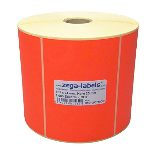 Thermotransfer Etiketten ROT auf Rolle - 105 x 74 mm - 1.000 Stück je Rolle - Kern: 25 mm - Papier Leuchtrot - permanent haftend - Druckverfahren: Thermotransfer (Drucken mit Farbband) von zega-labels