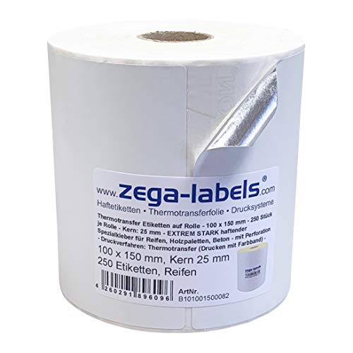 Thermotransfer Etiketten auf Rolle - 100 x 150 mm - 250 Stück je Rolle - Kern 25mm - EXTREM STARK haftender Spezialkleber für Reifen, Holzpaletten, Beton - Druckverfahren: Thermotransfer(mit Farbband) von zega-labels