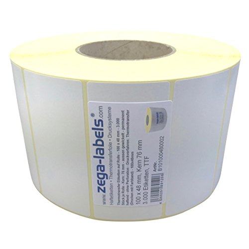 Thermotransfer Etiketten auf Rolle - 100 x 48 mm - 3.000 Stück je Rolle - Kern: 76 mm - aussen gewickelt - permanent haftend - Druckverfahren: Thermotransfer (Drucken mit Farbband) von zega-labels