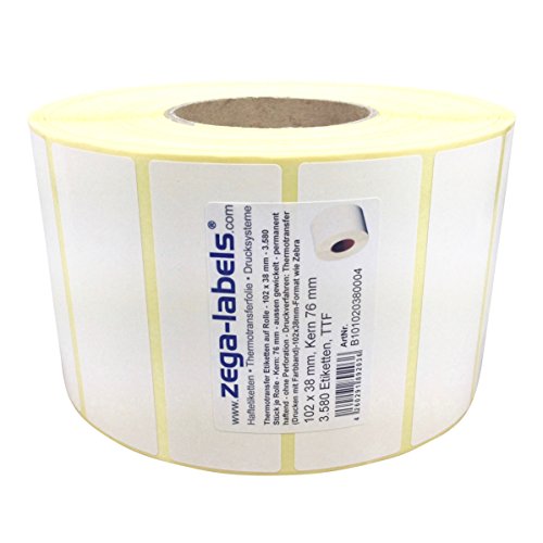 Thermotransfer Etiketten auf Rolle - 102 x 38 mm - 3.580 Stück je Rolle - Kern: 76 mm - aussen gewickelt - permanent haftend - Druckverfahren: Thermotransfer (Drucken mit Farbband) von zega-labels