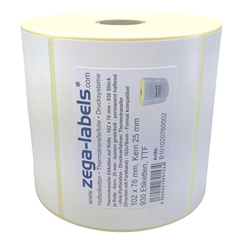 Thermotransfer Etiketten auf Rolle - 102 x 76 mm - 930 Stück je Rolle - Kern: 25 mm - aussen gewickelt - permanent haftend - Druckverfahren: Thermotransfer (Drucken mit Farbband) von zega-labels