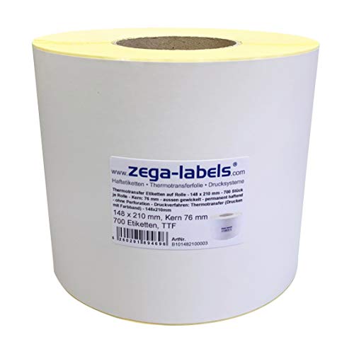 Thermotransfer Etiketten auf Rolle - 148 x 210 mm - 700 Stück je Rolle - Kern: 76 mm - aussen gewickelt - permanent haftend - Druckverfahren: Thermotransfer (Drucken mit Farbband) von zega-labels