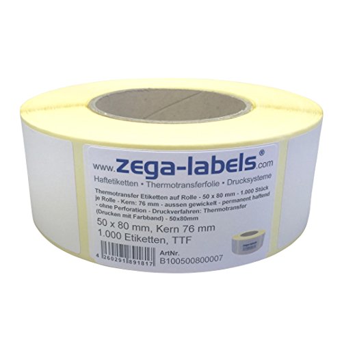 Thermotransfer Etiketten auf Rolle - 50 x 80 mm - 1.000 Stück je Rolle - Kern: 76 mm - aussen gewickelt - permanent haftend - Druckverfahren: Thermotransfer (Drucken mit Farbband) von zega-labels