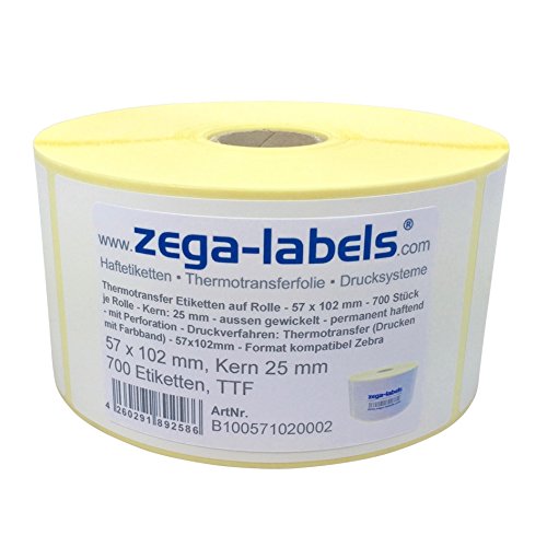 Thermotransfer Etiketten auf Rolle - 57 x 102 mm - 2.580 Stück je Rolle - Kern: 25 mm - aussen gewickelt - permanent haftend - Druckverfahren: Thermotransfer (Drucken mit Farbband) von zega-labels