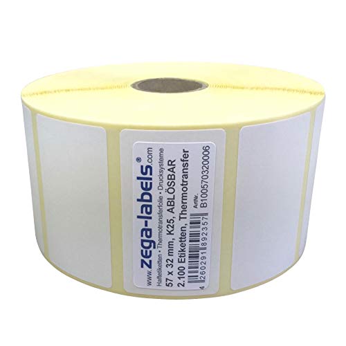 Thermotransfer Etiketten auf Rolle - 57 x 32 mm - 2.100 Stück je Rolle - Kern: 25 mm - aussen gewickelt - WIEDER ABLÖSBAR - Druckverfahren: Thermotransfer (Drucken mit Farbband) von zega-labels