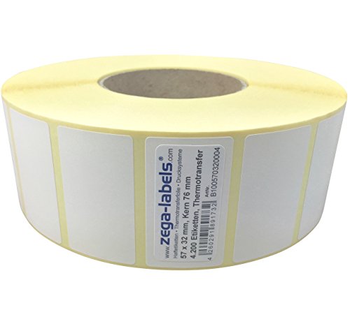 Thermotransfer Etiketten auf Rolle - 57 x 32 mm - 4.200 Stück je Rolle - Kern: 76 mm - aussen gewickelt - permanent haftend - Druckverfahren: Thermotransfer (Drucken mit Farbband) von zega-labels