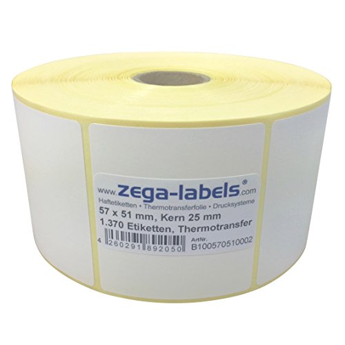 Thermotransfer Etiketten auf Rolle - 57 x 51 mm - 1.370 Stück je Rolle - Kern: 25 mm - aussen gewickelt - permanent haftend - Druckverfahren: Thermotransfer (Drucken mit Farbband) von zega-labels