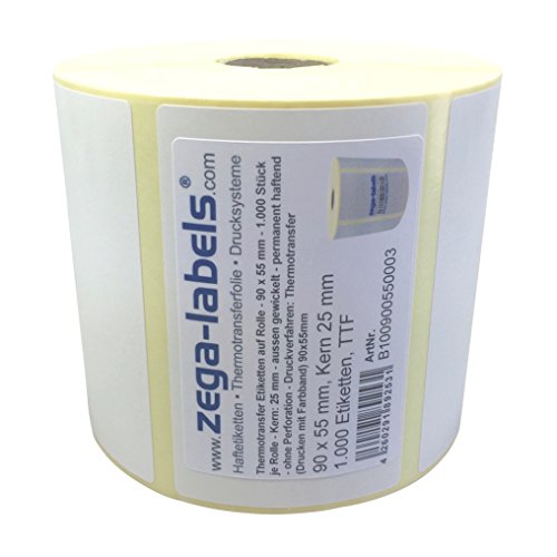 Thermotransfer Etiketten auf Rolle - 90 x 55 mm - 1.000 Stück je Rolle - Kern: 25 mm - aussen gewickelt - permanent haftend - Druckverfahren: Thermotransfer (Drucken mit Farbband) von zega-labels