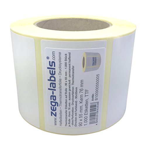 Thermotransfer Etiketten auf Rolle - 90 x 55 mm - 1.000 Stück je Rolle - Kern: 76 mm - aussen gewickelt - permanent haftend - Druckverfahren: Thermotransfer (Drucken mit Farbband) von zega-labels