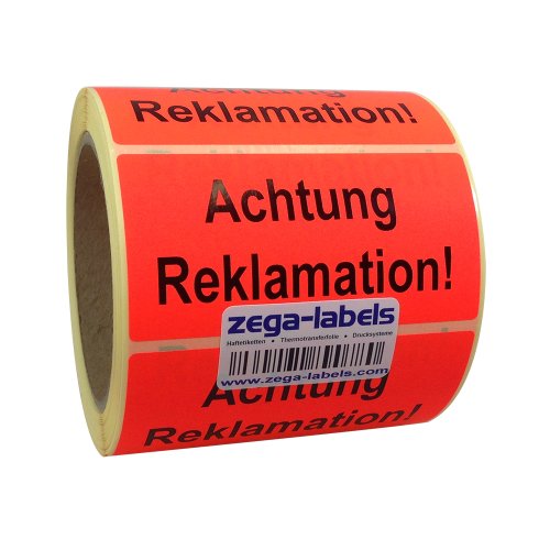 Warnetiketten auf Rolle - Achtung Reklamation - 500 Stück je Rolle - 100 x 50 mm - Leuchtrot Haftpapier stark haftend - Versandaufkleber von zega-labels