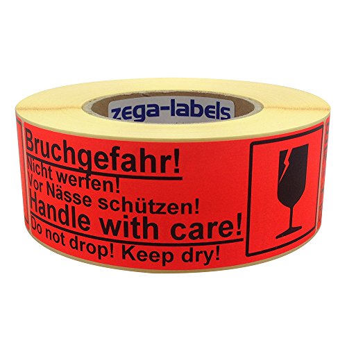 Warnetiketten auf Rolle - Bruchgefahr! Handle with care! - 500 Stück je Rolle - 150 x 50 mm - Leuchtrot Haftpapier stark haftend - Versandaufkleber - Paketaufkleber von zega-labels