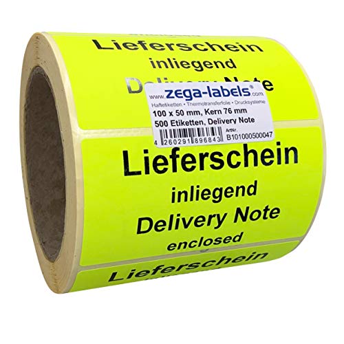 Warnetiketten auf Rolle - Lieferschein inliegend/Delivery Note enclosed - 500 Stück je Rolle - 100 x 50 mm - Leuchtgelb Haftpapier stark haftend - Versandaufkleber gelb von zega-labels