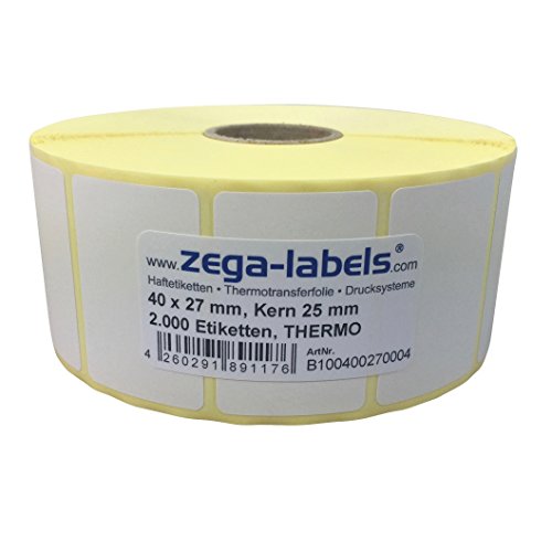 Thermo Etiketten auf Rolle - 40 x 27 mm - 2.000 Stück je Rolle - Kern: 25 mm - aussen gewickelt - permanent haftend - Druckverfahren: Thermodirekt (Verwendung ohne Farbband) von zega-labels