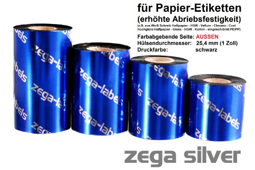 zega-labels Thermotransfer Farbband 60 mm x 300 m - zega silver (Wachs/Harz Wischfest) - Farbseite AUSSEN - Ribbon für Zebra ZT-Serie/ZM400/ZD420T/ZD421T - 1 Zoll Kern Ø 25 mm - für Papieretiketten von zega-labels