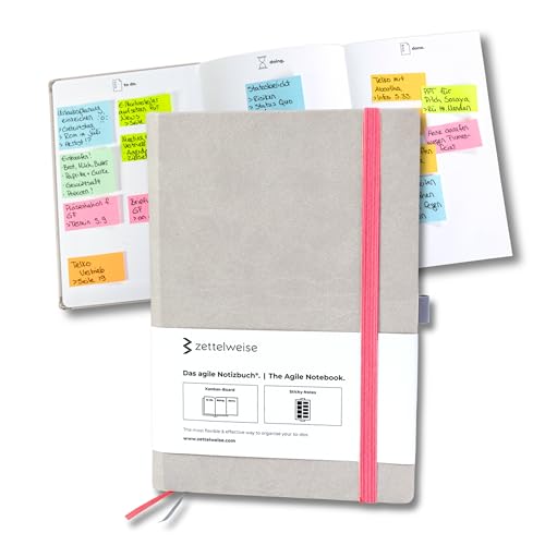 Das agile Notizbuch A5 | Notizbuch mit Kanban-Board | 300 Sticky Notes Haftnotizen Klebezettel | veganes Hardcover 192 nummerierte Seiten (Grau/Korallpink) Kanban Notizbuch A5 dotted für To dos von zettelweise