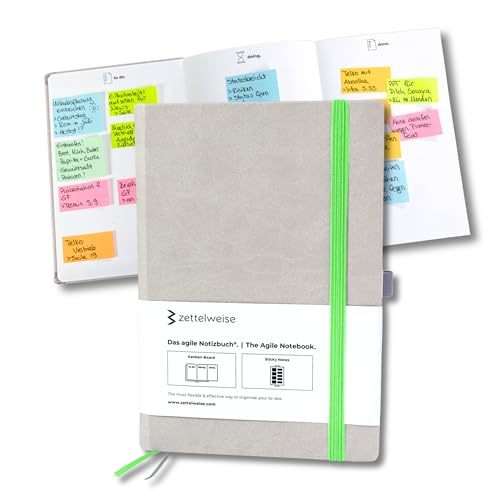 zettelweise Das agile Notizbuch A5 | Mit Kanban-Board | 300 Sticky Notes Haftnotizen Klebezettel | veganes Hardcover 192 nummerierte Seiten (Grau/Neongrün) Kanban Notizbuch A5 dotted für To dos von zettelweise