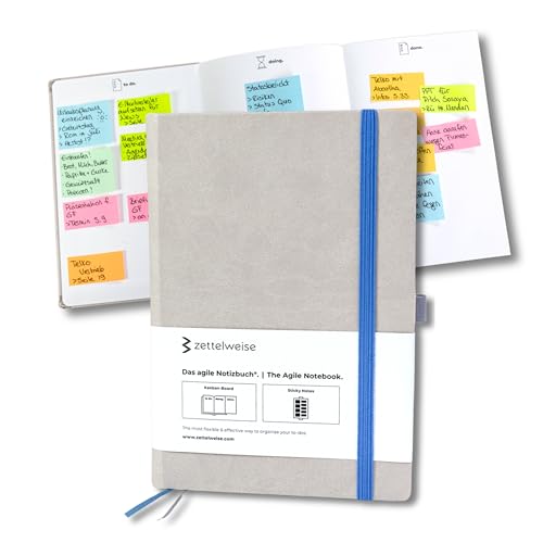 Das agile Notizbuch A5 | Notizbuch mit Kanban-Board | 300 Sticky Notes Haftnotizen Klebezettel | veganes Hardcover 192 nummerierte Seiten (Grau/Royalblau) Kanban Notizbuch A5 dotted für To dos von zettelweise