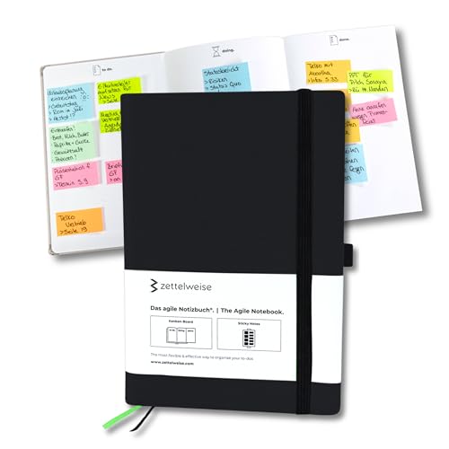 zettelweise Das agile Notizbuch A5 | Notizbuch mit Kanban-Board | 300 Sticky Notes Haftnotizen Klebezettel | veganes Hardcover 192 nummerierte Seiten (Schwarz) Kanban Notizbuch A5 dotted für To dos von zettelweise