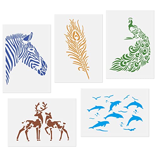 Tierschablonen 5 Packungen Pfauenfedern Hirsch Delfin Mandala Schablone Wiederverwendbar Mylar Vorlage Schablone Mandala Tier Malerei Mal Schablone Tiere für DIY Craft Schablone zum Malen 21 x 29 cm von zhibeisai