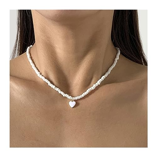 zhuyanbo007 Halsketten 1pc Perlen Halskette Mehrfarbige Handgemachte Süße Herz Anhänger Halskette Mädchen Kragen for Frauen Mode Jewerly Halskette mit Anhänger(Weiß) von zhuyanbo007