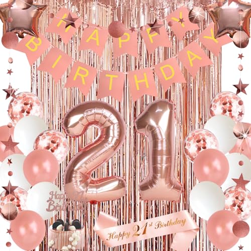 21. Geburtstag Dekorationen, 21. Geburtstag Dekorationen für Frauen Happy Birthday Banner Kuchen Topper Rose Gold Vorhang 21. Geburtstag Schärpe Nummer 21 Folienballon für Jahrestag Dekorationen Geburtstag Party Hintergrund von zilue